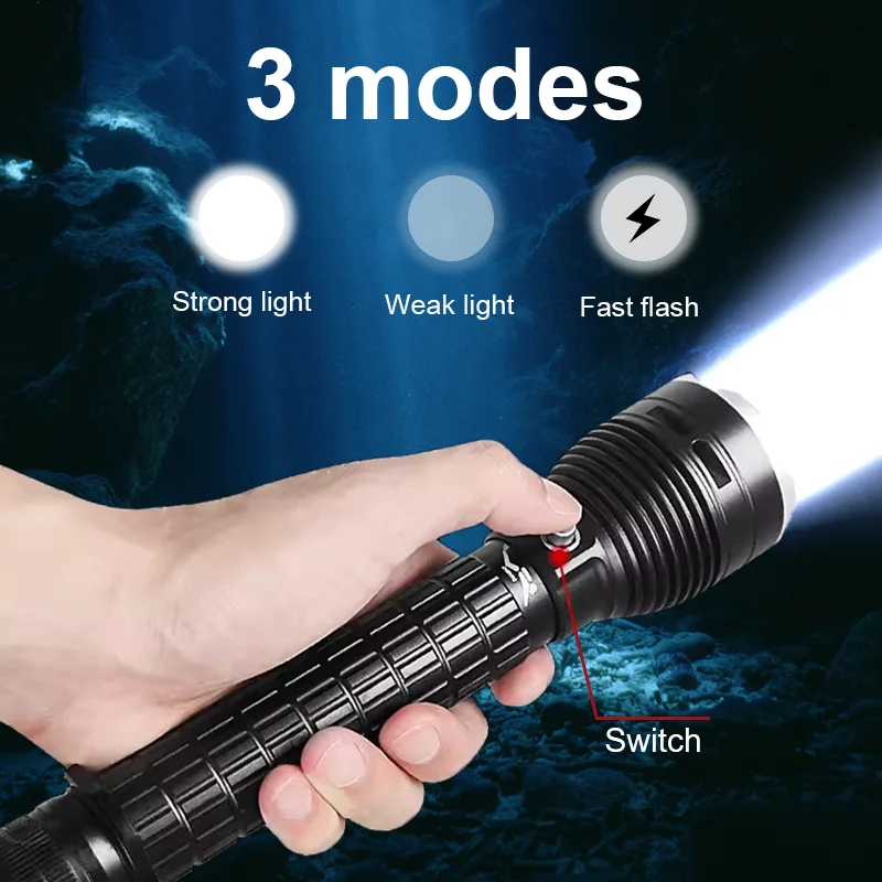 Linterna de buceo profesional, linterna subacuática XHP70, linterna LED recargable IPX8, linterna táctica impermeable para buceo