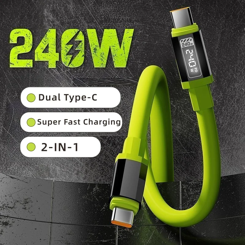 240W PD Super Fast Charging Dual Type‑C Cable, Real‑Time Power Digital Display Portable Data Cord for Smartphone Tablet Laptop