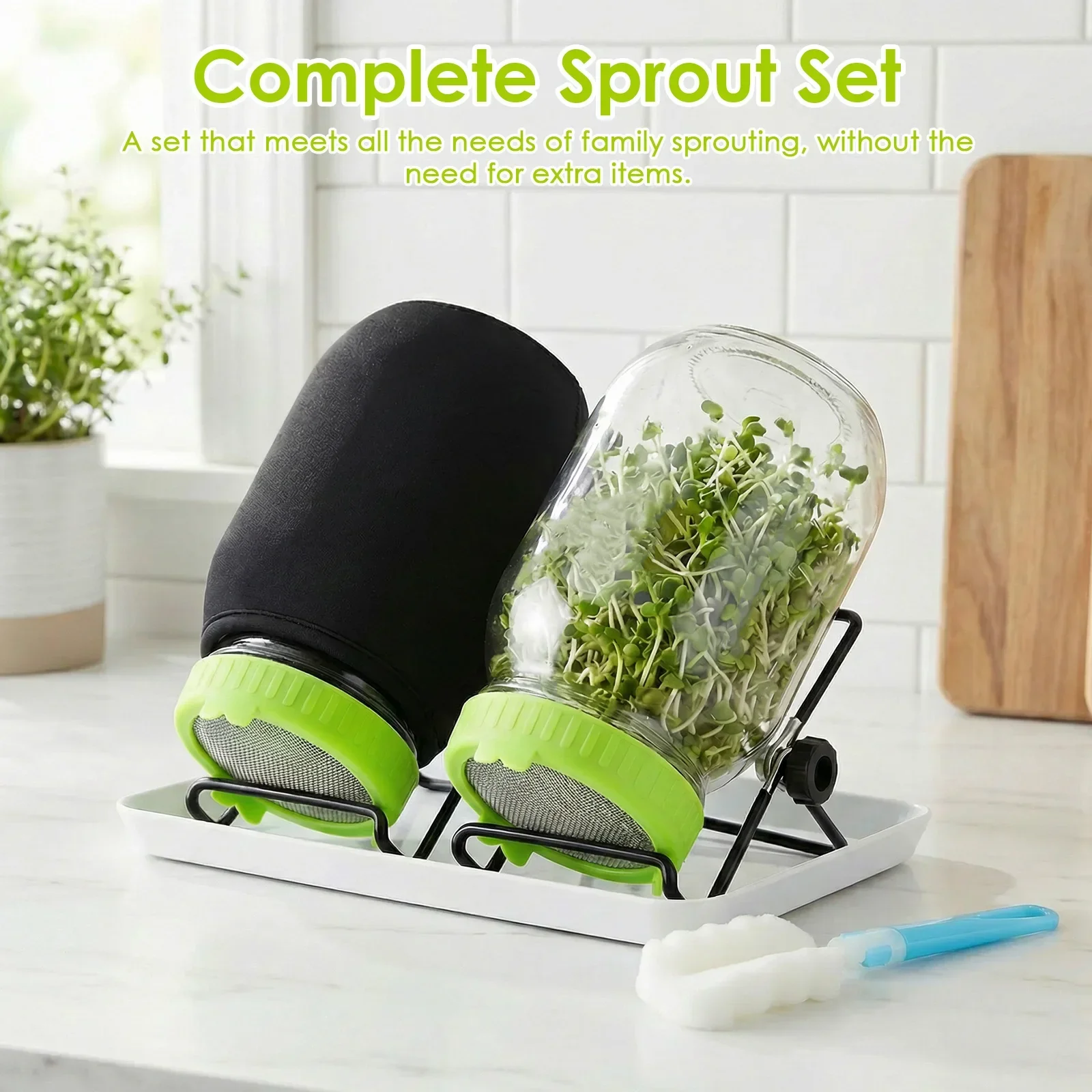 1 Set Seed Sprouting Jar Kit Wide Mouth Mason Jar Seed Germination Kit with Light Blocking Sleeve and Tray Glass Sprouting Jars