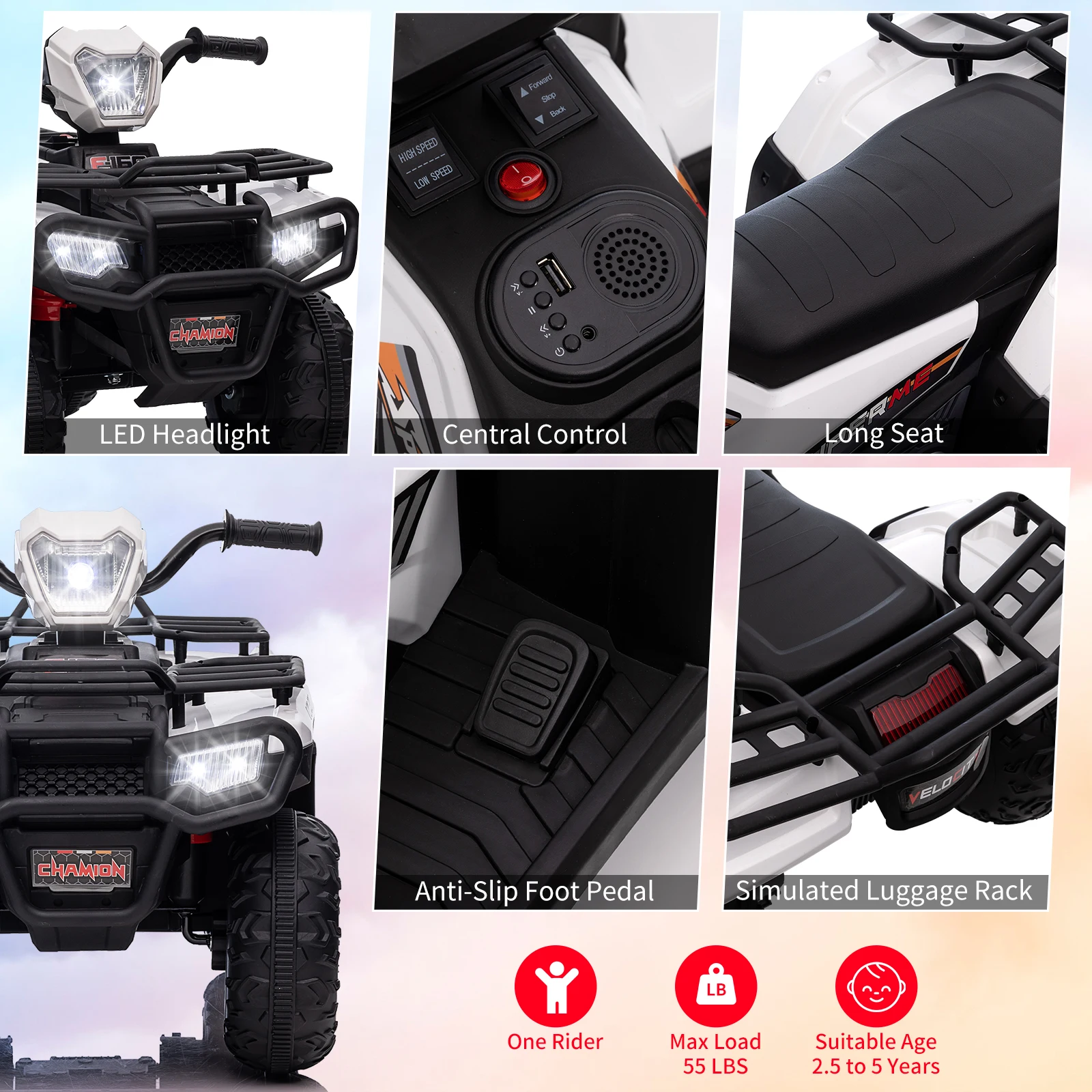 Crianças viajam em ATV 12V carro de veículo elétrico operado por bateria, velocidade de segurança alta/baixa de 2,2 mph, início com um botão, luz LED para crianças