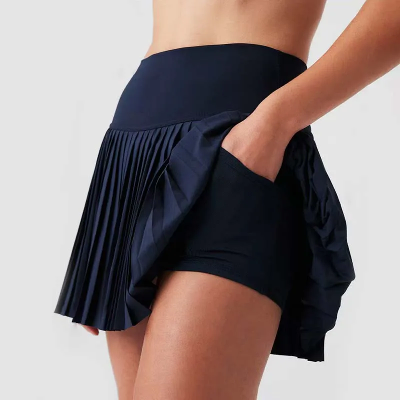 Falda plisada de tenis de cintura alta para mujer con forro interior cintura alta diseño de doble capa deporte Sexy Fitness pantalones cortos de Yoga baile