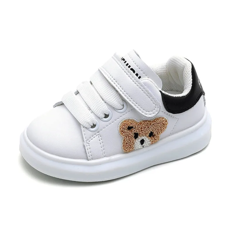 New Sping/Autumn Baby Shoes Leather Toddler Boys Girls Sneakers Cute Bear Soft Sole White Tennis Fashion Little Kids Shoes