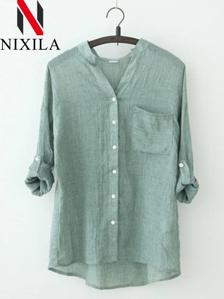 ฤดูร้อนผู้หญิงเสื้อแขนยาวลําลองผ้าฝ้ายผ้าลินินเสื้อขนาดใหญ่เสื้อ Basic หญิงเสื้อผ้า