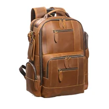Men's Vintage Crazy Horse Leather Large Capacity Laptop Backpack Multifunctional Travel Trolley Sleeve
