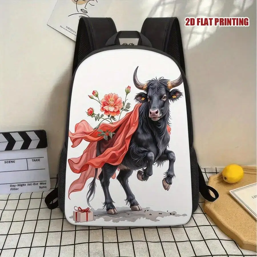 

2D Flat Printed Bull With Flowers Backpack For Adults - Large Capacity Travel Commuting Bag
