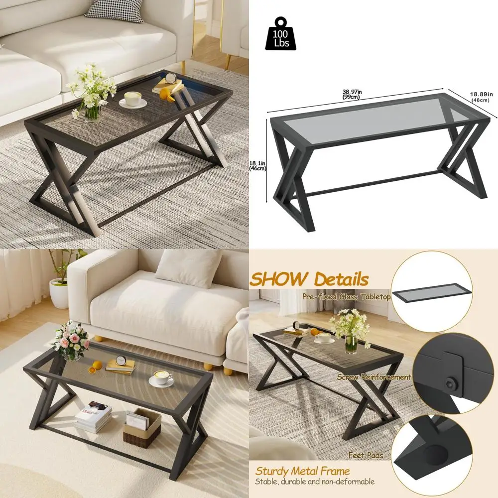 

Modern Rectangular Glass Coffee Table with Metal Frame for Living Room, Sturdy Tempered Glass Center Table with Sleek Design
