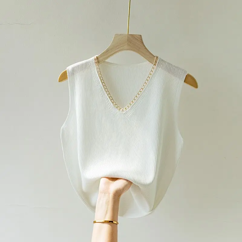 

Ashion новая трикотажная футболка в рубчик без рукавов с v-образным вырезом 2025 женская весна-лето повседневный свободный топ уличная одежда Y2K базовые футболки D341