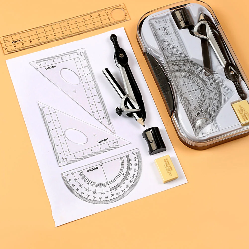 8 Pcs Compass Set Student Woodworking Geometry Drawing Tools Plastic Alloy Ruler