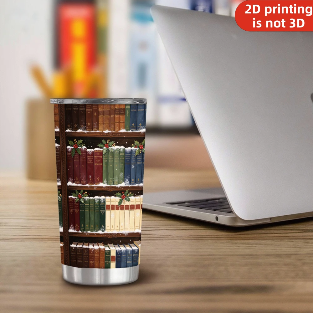 20oz Christmas Vintage Library Books Stainless Steel Tumbler with Lid and Straw, Vacuum Insulated Double Wall Car Cup Holder Friendly Travel Coffee Mug