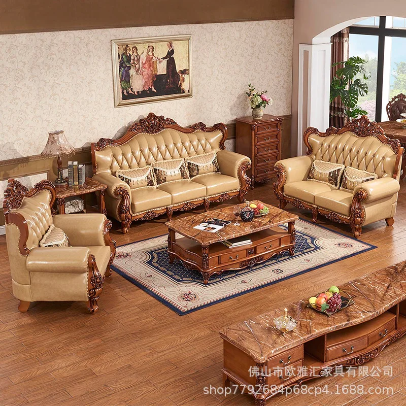 European Leather Sofa 123 Combination American Solid Wood Suite Villa First Floor Cowhide Living Room Luxury Retro Wholesale