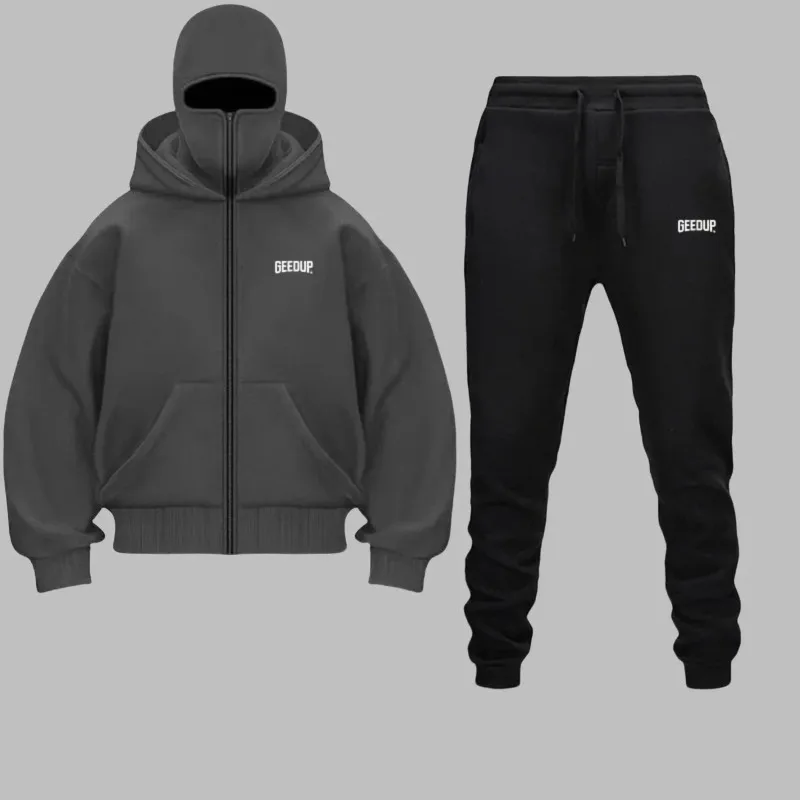 Set di felpe con cappuccio con cerniera da uomo autunno inverno 2025 - Balakrava Street Fashion Set di due pezzi con design a lettera Ninja antivento