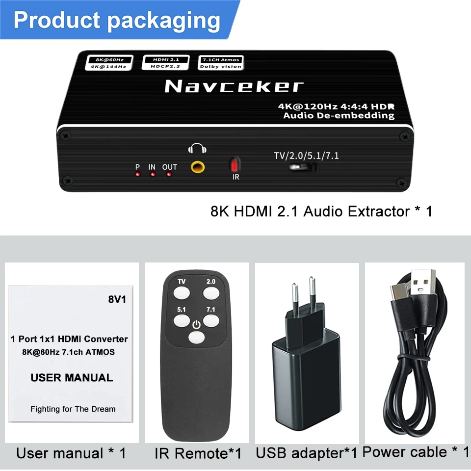 Navceker 8K 60Hz HDMI Audio Extractor 4K 120Hz RGB 4:4 HDMI 2.1 Audio Splitter Converter 7.1 CH Atmos De-embed dla PS5 XBox