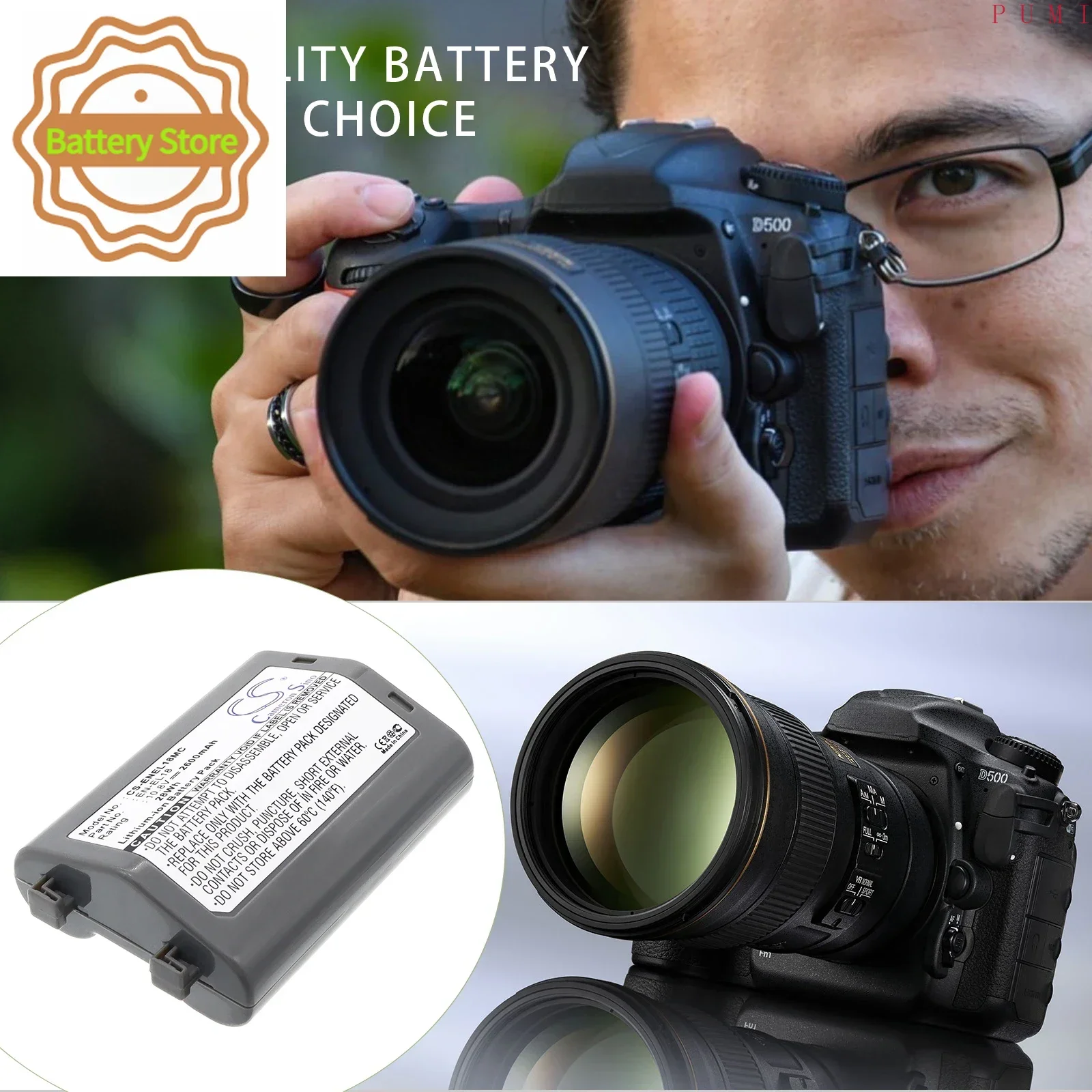 CS Replacement Battery for NiKon D4 DSLR,D4S,D5,D800,D800E,D810,D810A,D500,D850 PN:EN-EL18,EN-EL18a 2600mAh / 28.08Wh