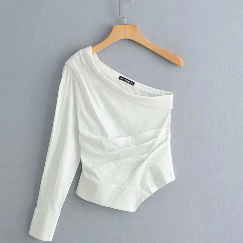 new women fashion solid color one shoulder pleated Shirt blouses women irregular hem white roupas femininas chemise shirt LS3222