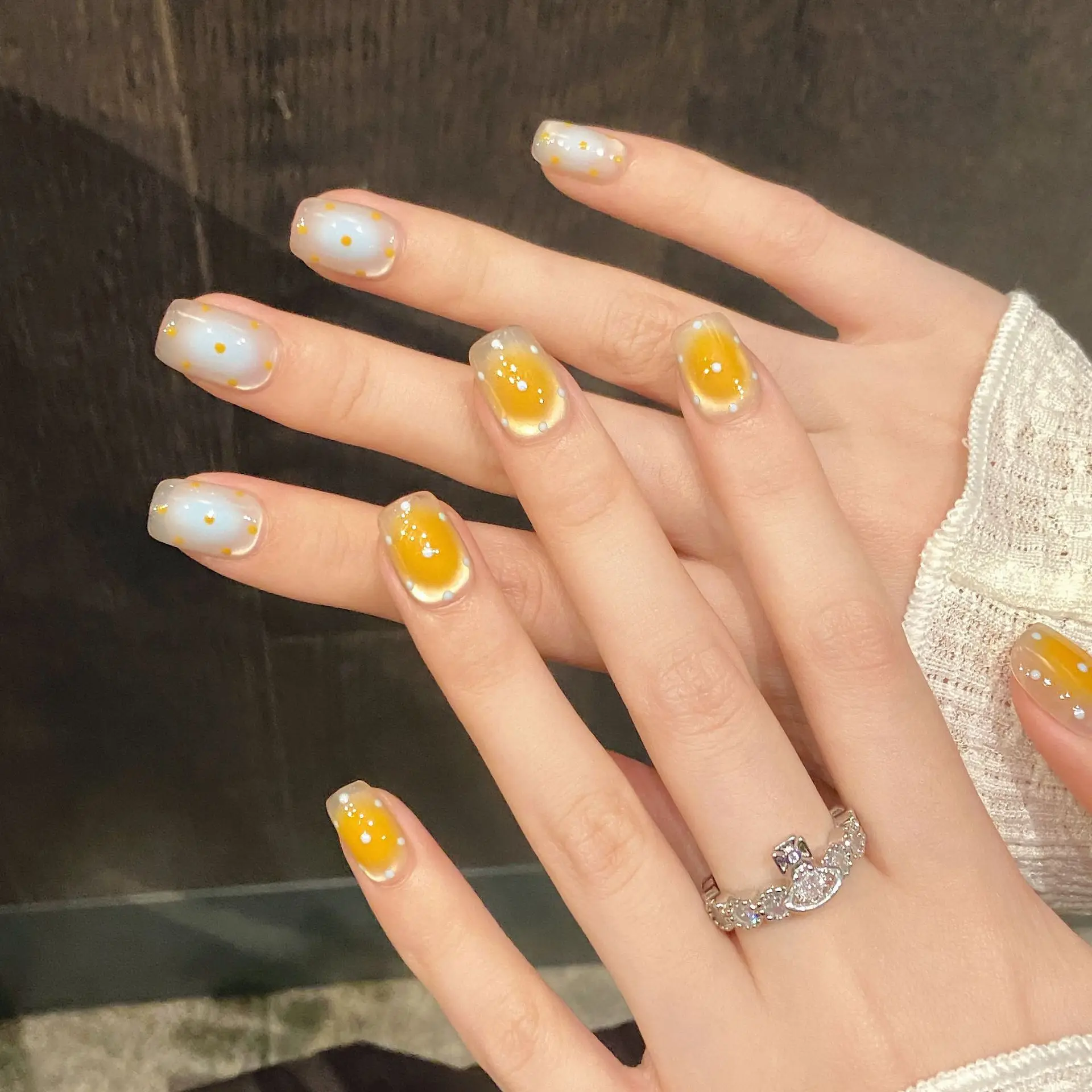 10pcs Handmade Pressed Coffin Nail Art,Nice Fake Nails,Sea Salt Cheese Cookies, Blue&Yellow Polka-dot Cat's Eyes,Ideal For Women