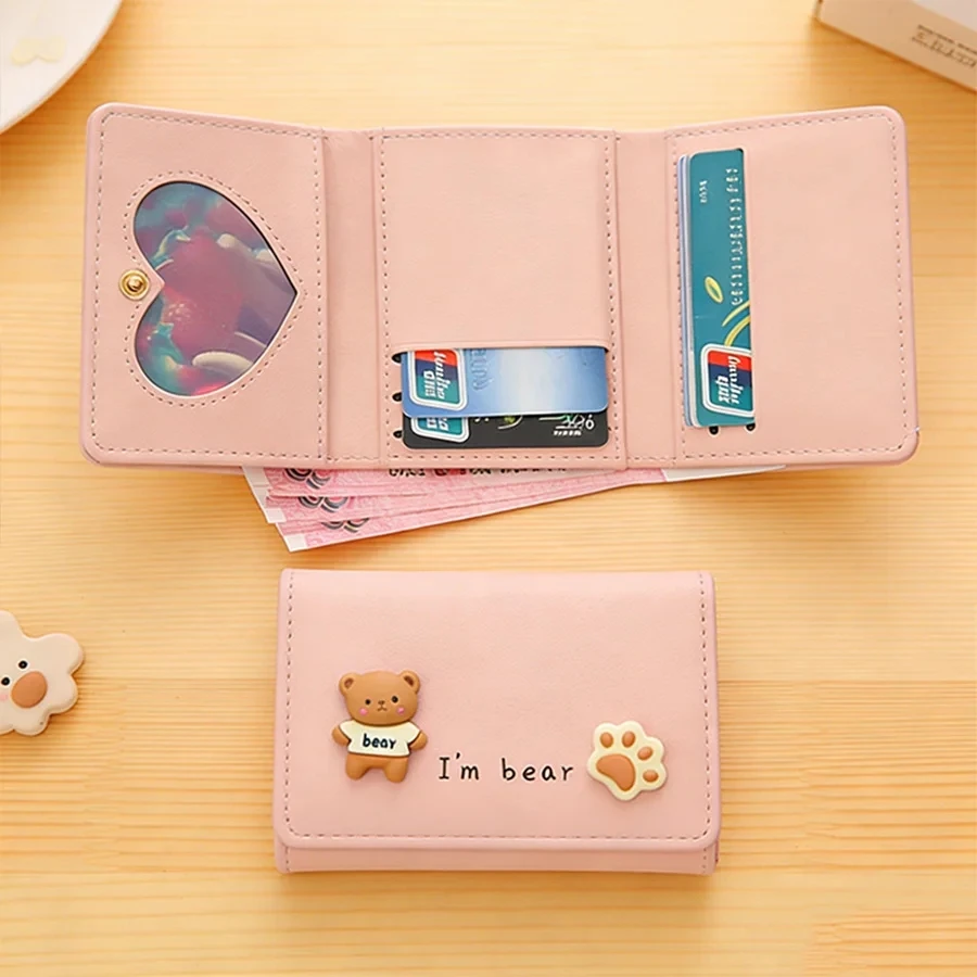 PU Short Folding Small Wallet Women's Korean Version Cute Cartoon Wallet Thin Card Holder Coin Purse