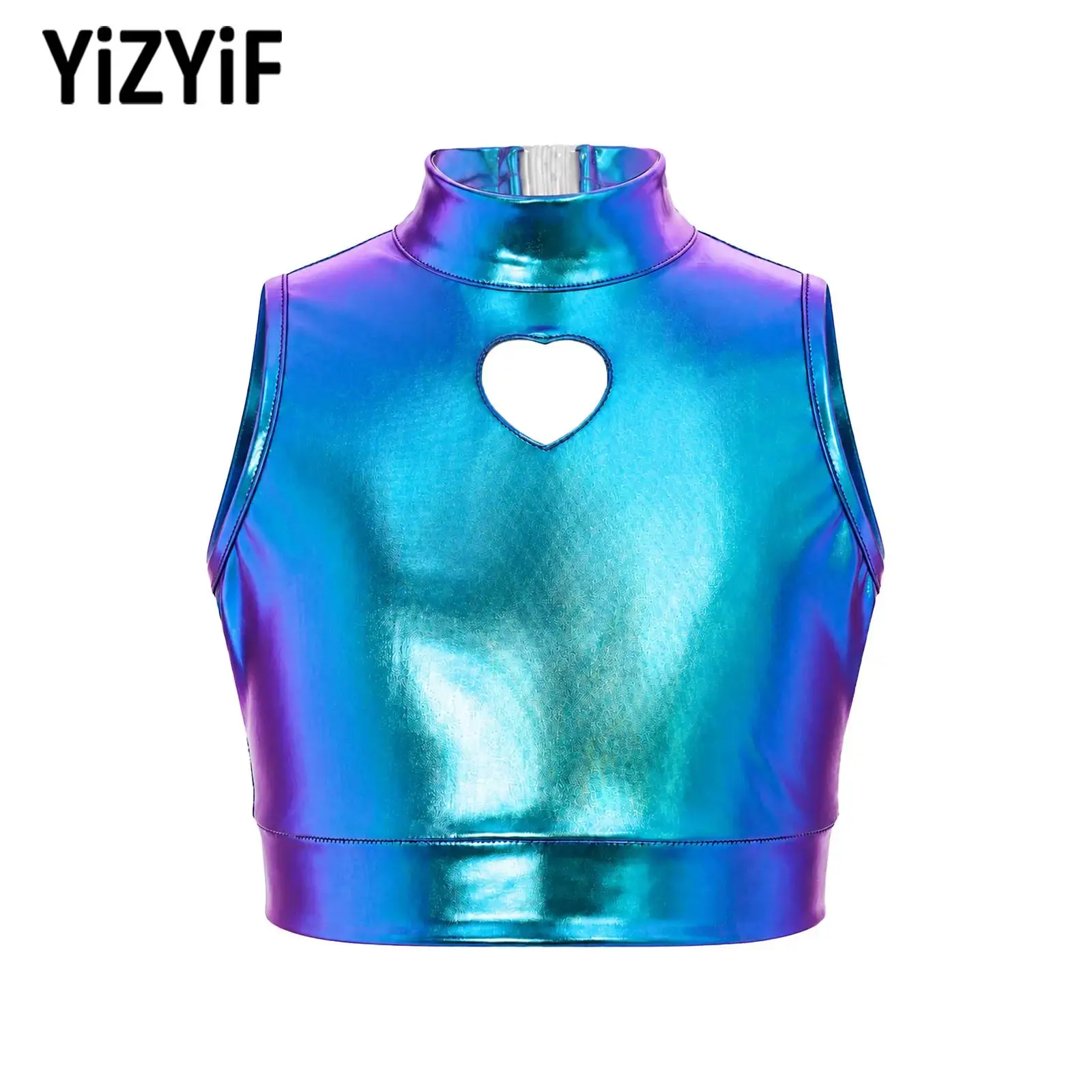 Kids Girls Metallic Dance Crop Tops Mock Sleeveless Hollow Heart Front Cutout Back Tank Camisole Gymnastics Performance Vest Top