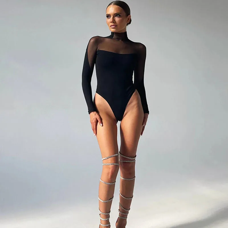 Apprabant Tight Sexy Mesh Splice Bodysuit Fashion Streetwear Spicy Girl Turtleneck Perspective Long Sleeve Versatile Bodysuits