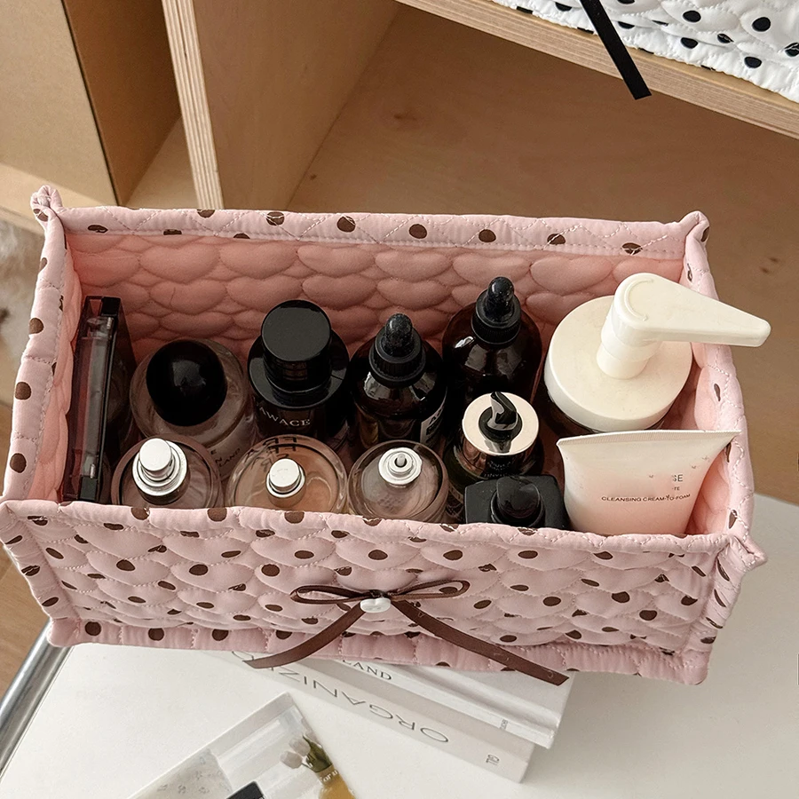 Aufbewahrungskorb mit Polka-Dots-Muster, gesteppte rechteckige Aufbewahrungsbox mit herzförmigen Polka-Dots, gesteppter Stil für den Schreibtisch – Detail 4