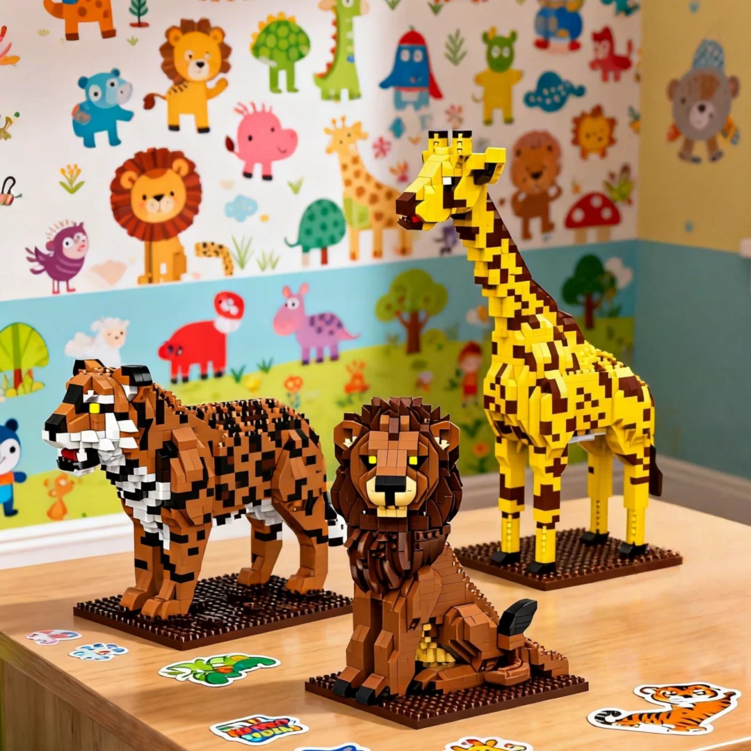 3D Animal Tiger Lion Giraffe Micro Building Block Toy-Simple Puzzle,Desktop Decor,Educational Christmas Birthday Gifts for Teens