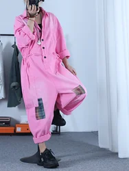 Cowboy Coveralls Women Spring Autumn Lapel Button Drawstring Waist Long Sleeve High Waist  Jeans Romper Wide Leg Jumpsuit