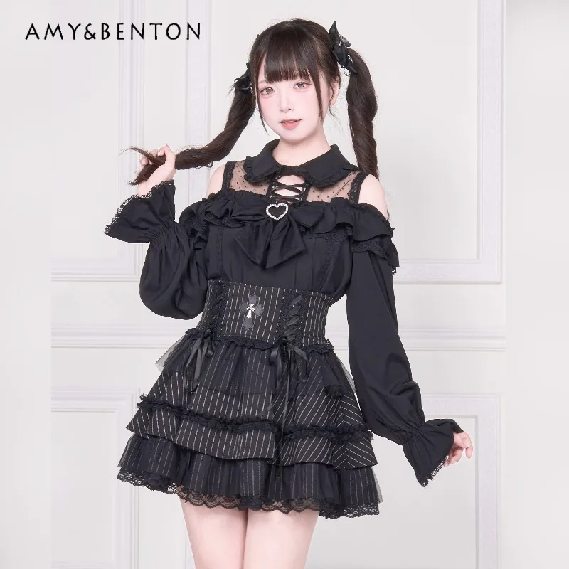 เสื้อเชิ้ตแขนยาวลายจุดสไตล์โลลิต้าญี่ปุ่น ซีรีส์ Mine สำหรับผู้หญิง ผลิตจำนวนมาก แนวซับคัลเจอร์ แต่งลูกไม้ ไหล่เฉียง ดีไซน์หวาน