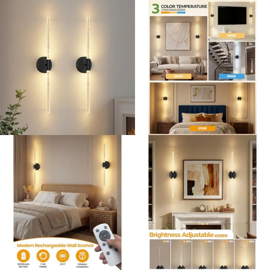 

Crystal-spired Bubble Battery Operated Wall Sconce Set of 2, 10000mAh 3 Color Temps Rechargeable Wall Lights with Remote, Dimma