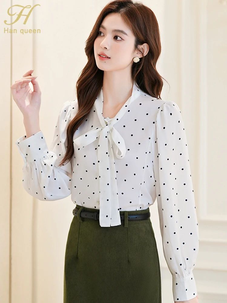 

H Han Queen 2025 Autumn Korean Lace-Up Bow Dot Simple Basics Shirt Women Vintage Work Casual Tops Chiffon Loose Elegant Blouses