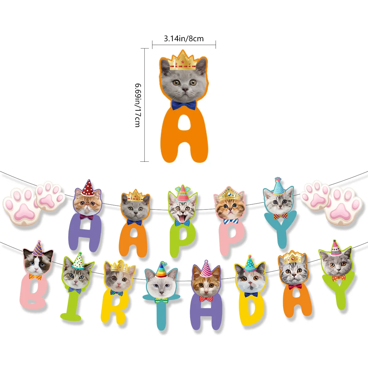 Cartoon Cat Happy Birthday Banner Hanging Swirls Cupcake Toppers Balloons for Animal Pet Theme Birthday Baby Shower Party Decor