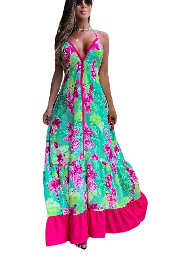 Beach Vaion طباعة الأزهار V-ne ter Dr ثوب حمالة المرأة n Sweet Sle عالية الخصر تنورة طويلة الصيف