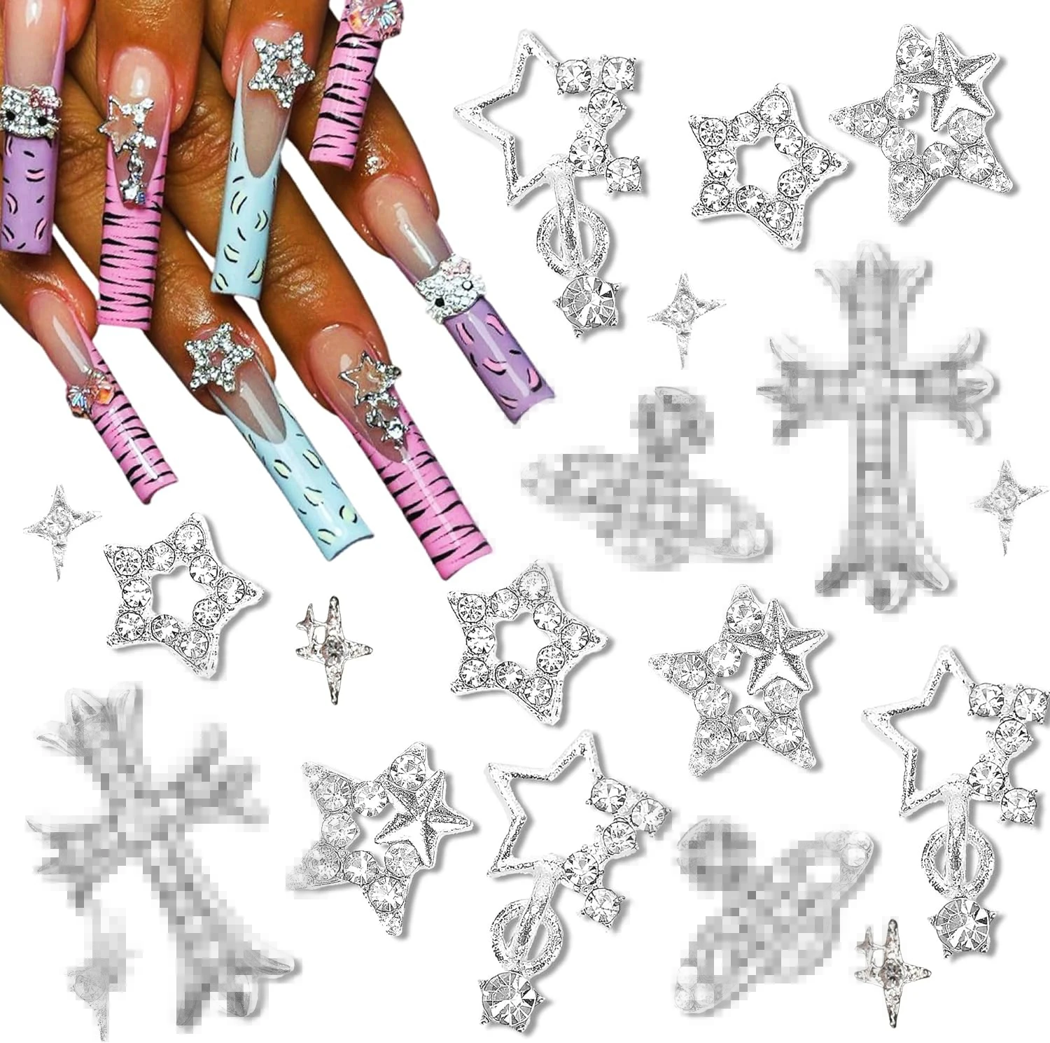 42PCS Star Nail Charms and Gems Silver Rhinestones for Nails Y2K Nail Jewels for Nail Art for Cross Nail Women Style Accessories