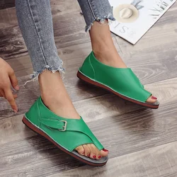 Summer Beach Sandals Sandalia New Women PU Leather Sandals Fashion Peep Toe Buckle Design Roman Sandals Women Flat Shoes