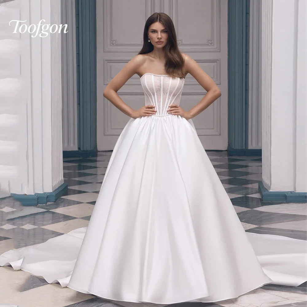 

Toofgon A Line Lace Satin Bride Wedding Dresses Strapless Bones Long Train Women Formal Party Dress Bridal Gowns Customized