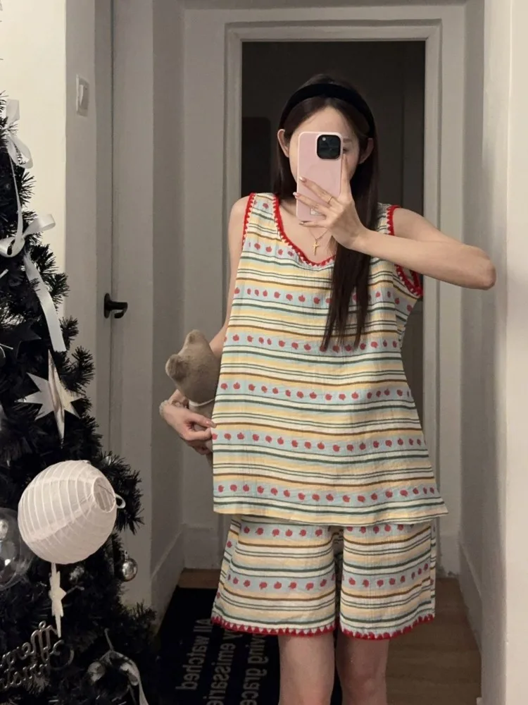 

Pajama Sets Women Cute Japanese Style Strawberry-print Summer Lovely Breathable Sweet Fashion Sleeveless Sleepwear Homewear Soft