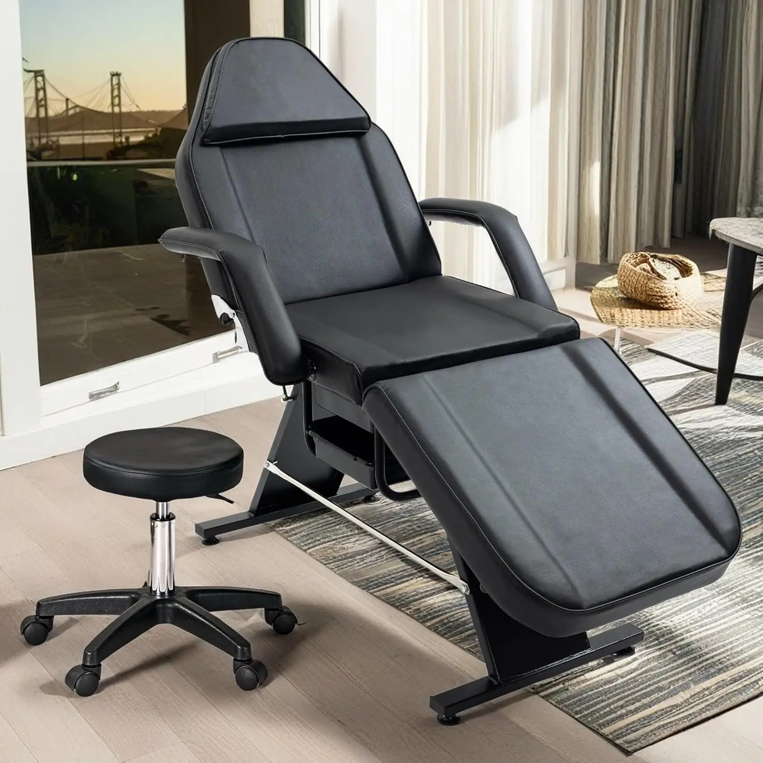 Massage Salon Tattoo Chair with Two Trays and Hydraulic Stool, Esthetician Bed Adjustable 3-Section Facial Table, Beauty Barber