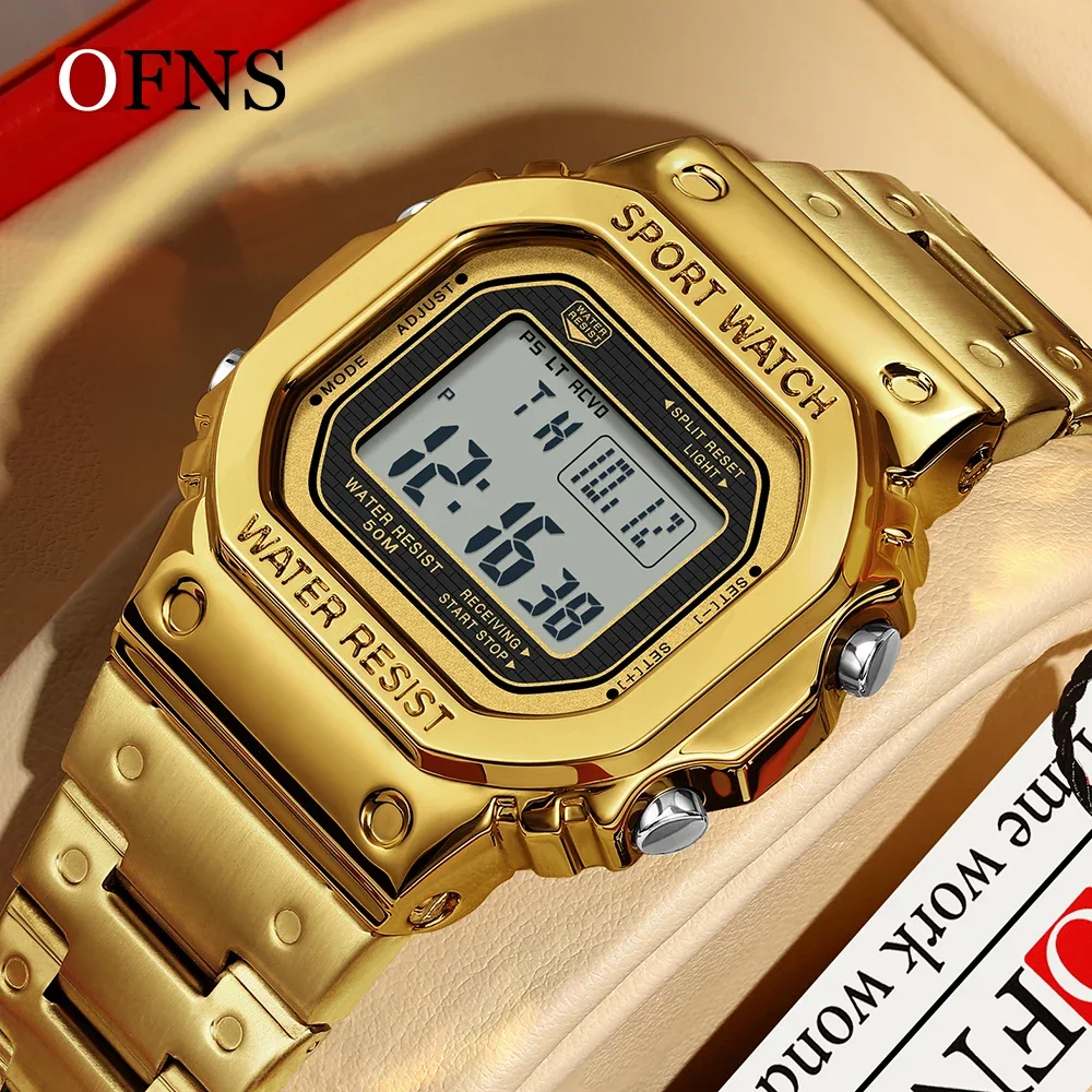 

OFNS 2162 Men's Electronic Watch Square Multi functional Waterproof Fashion Night Light Steel Men's Electronic Digital Watches