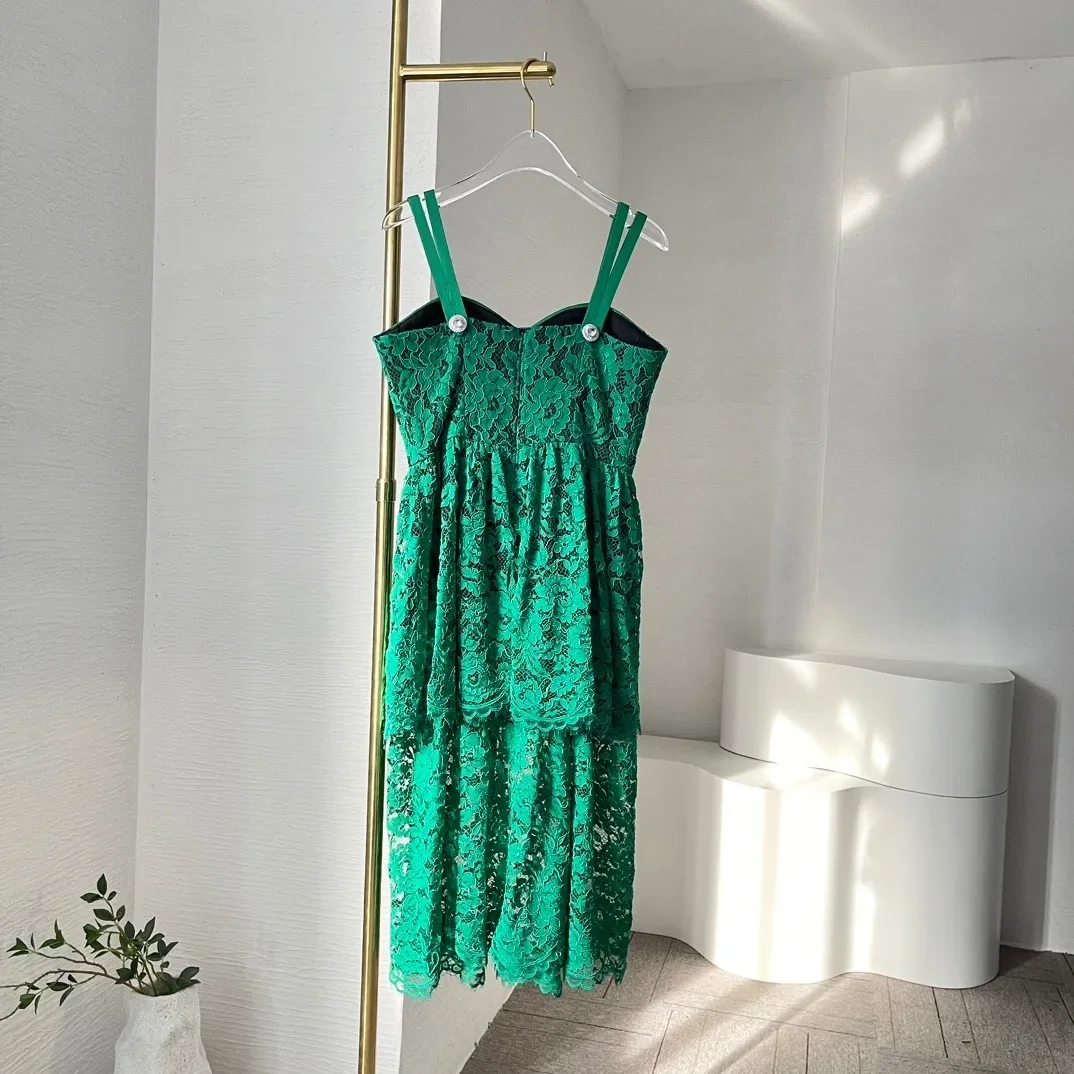 Corsé de encaje verde sin mangas para mujer, vestido Midi con escote Corazón, novedad de 2024