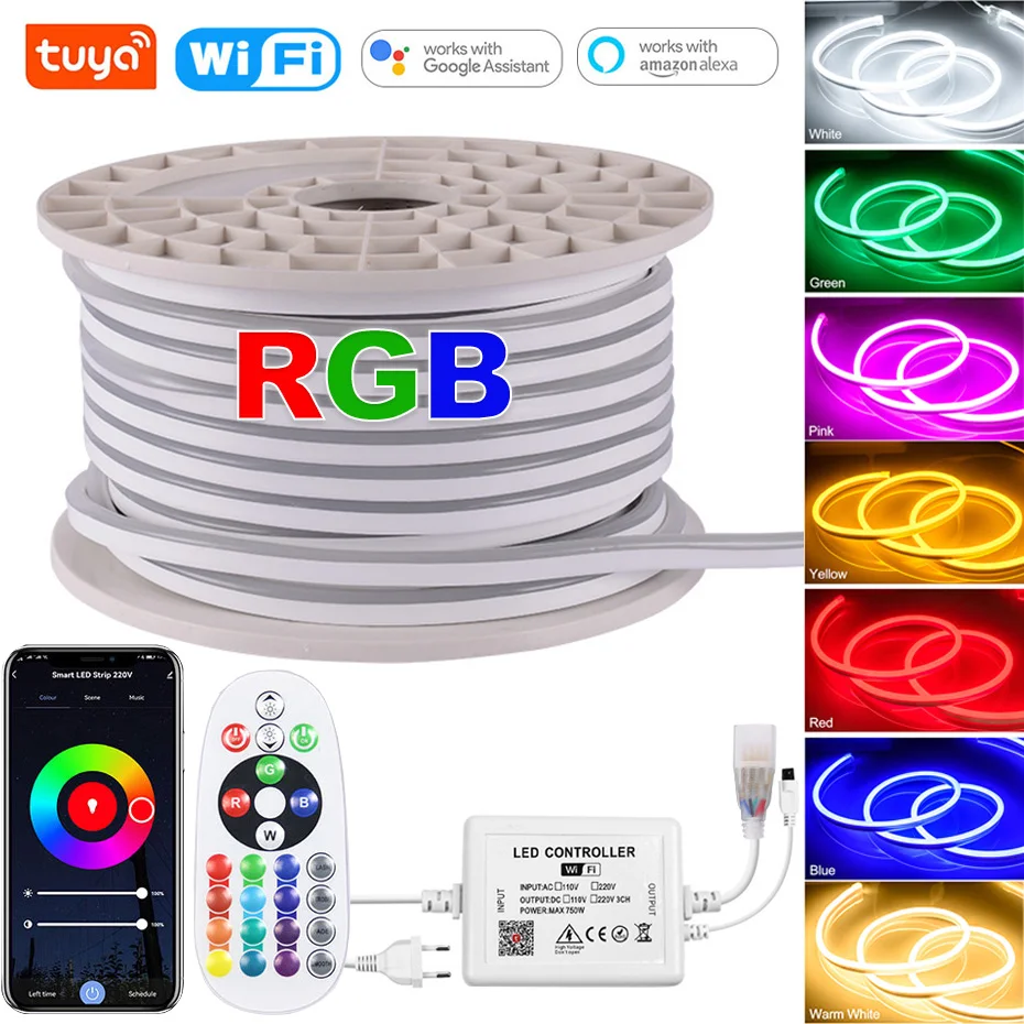 Tuya Smart RGB Neon Strip 220V LED Flexible Tape IP67 Waterproof Ribbon IR/Bluetooth/Wifi Control Compatible With Alexa EU Plug