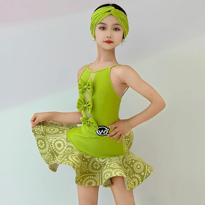 Crianças meninas profissional bowknot sem costas bodysuit dança latina prática desempenho traje espinha de peixe saia competição dancewear