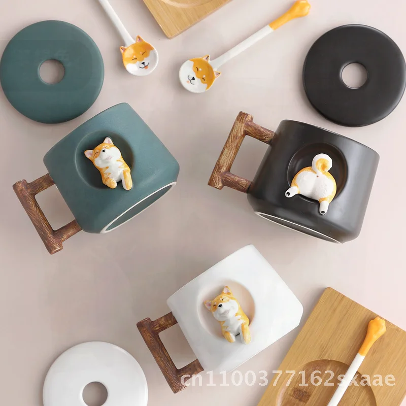 

Креативная керамическая кружка с крышкой и ложкой - милый дизайн Шиба-ину, универсальный подарок для мужчин и женщин, чашка для кофе или воды 401-500 мл