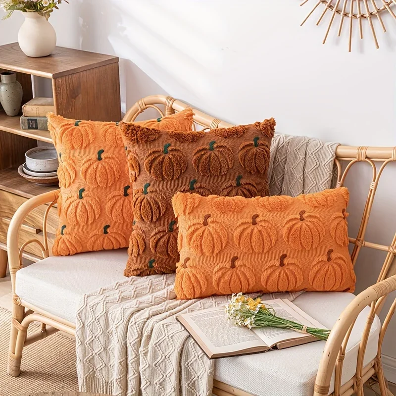 Pumpkin Fall Throw Pillow Covers 18 X 18 Decorative Pillow Covers Soft Plush Faux Fur Couch Pillow Covers for Autumn Harvest
