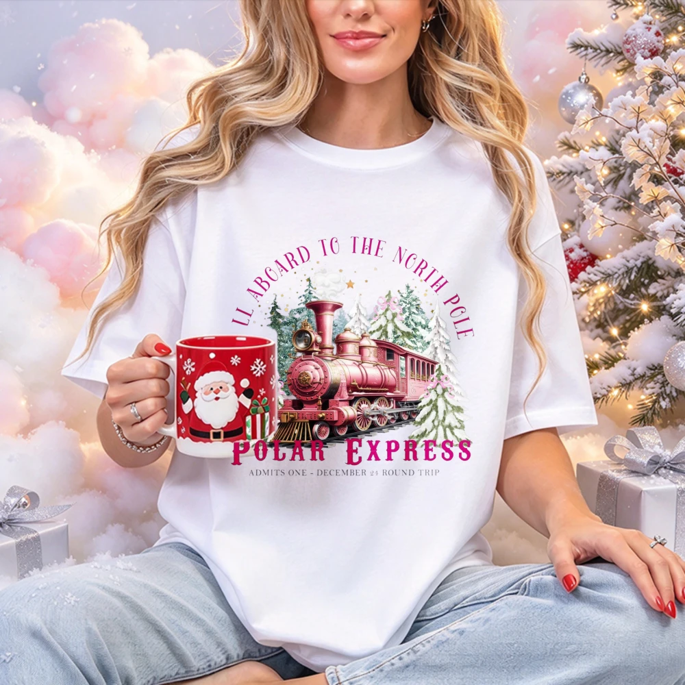 All Aboard To The North Pole Polar Express Graphic T Shirt Pink Train Snow Pine Tree Print Tee Christmas Casual Cotton Xmas Tops