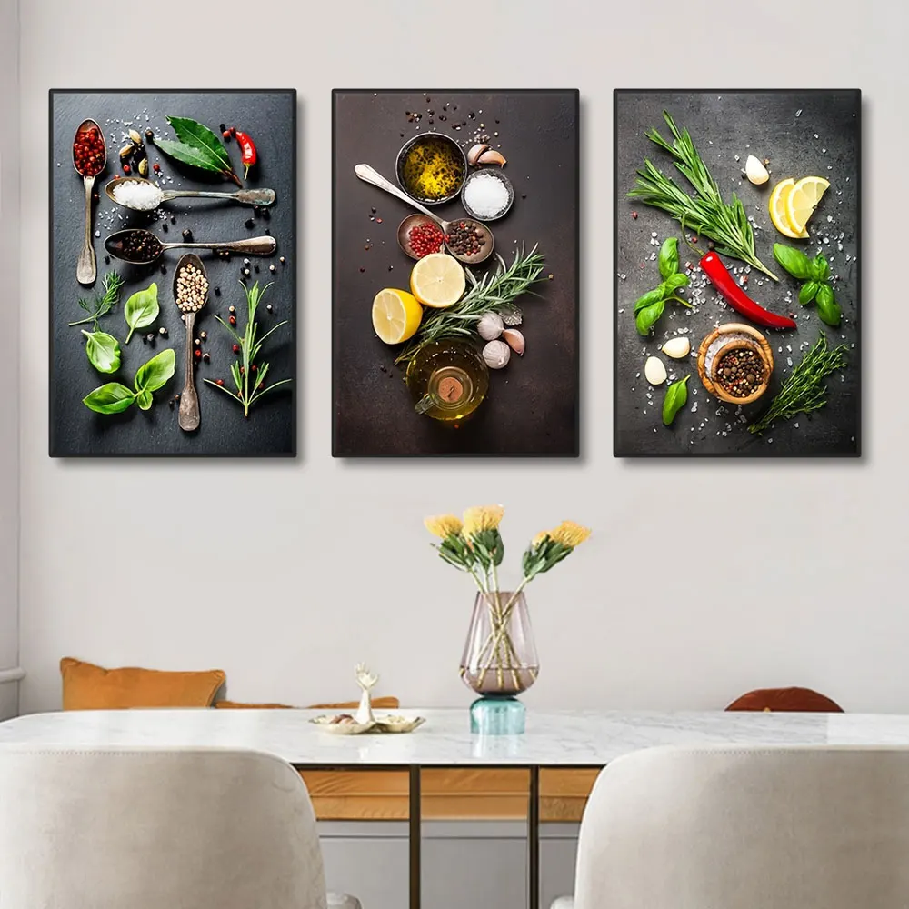 3pcs Kitchen Theme Mix Herb And Spices Canvas Art Poster Impressionist Art Decor Painting For Dinning Room Wall Art Decoration