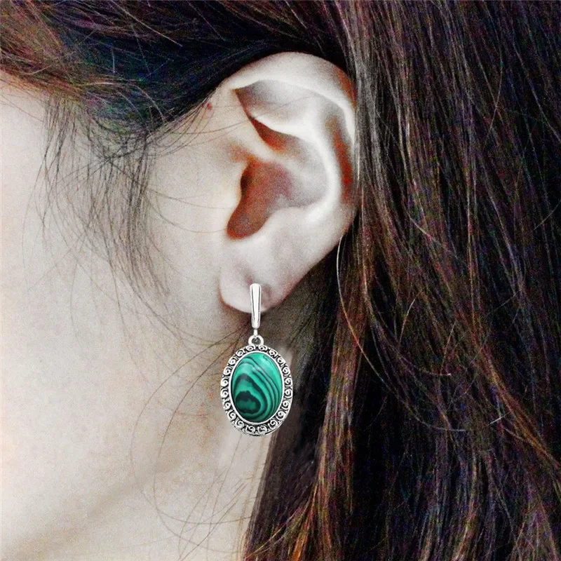 Big Oval Flower Pendant Malachite Earrings For Women Antique Silver Plated Party Fashion Jewelry TE391