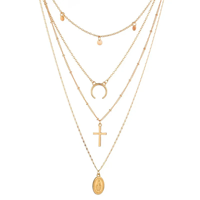 Bohemia Gold Color Jesus Cross Necklace Multi-layer Moon Necklace Wafer Metal Chain Pendant Necklace Easter Day's Gift For Women