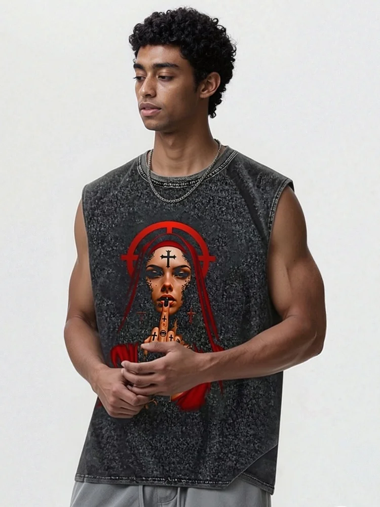 Vintage Washed Distressed Men's Gothic Virgin Mary Print Tank Top Sleeveless Oversized Casual Streetwear Punk Y2K Gym Tops
