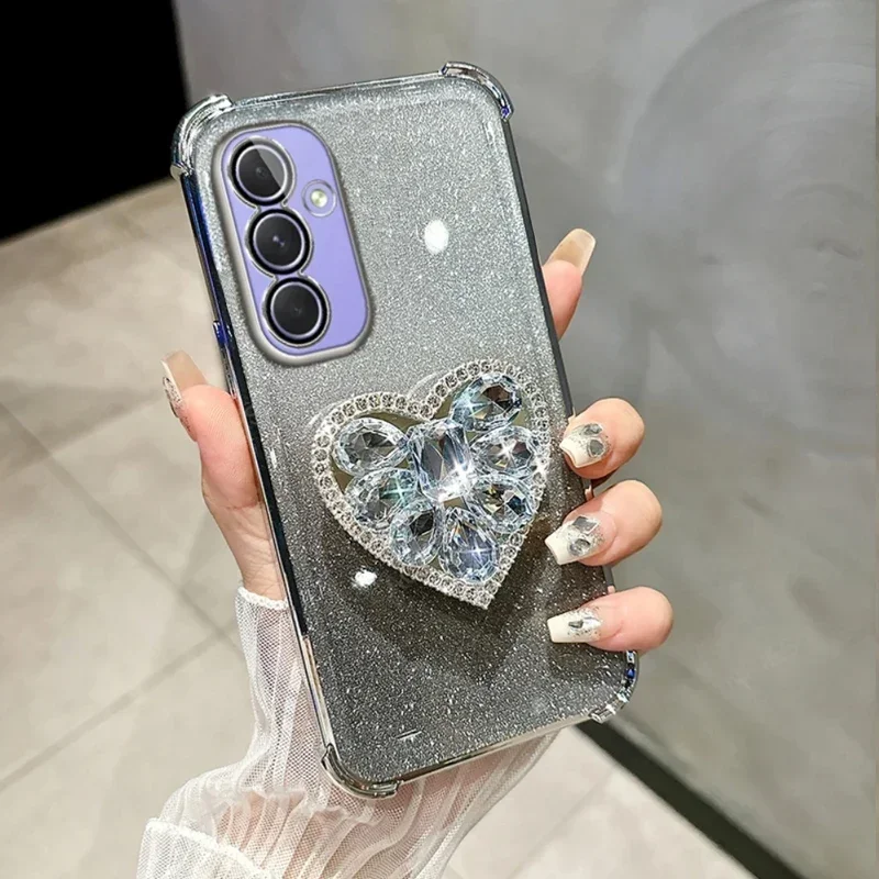 For Oppo A80 A18 A38 A58 A78 A60 A57 A54 A74 A94 A97 A53 A79 A98 4G 5G Glitter Diamond Heart Stand Shockproof Plating Case Cover