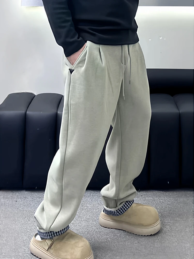 

Thiened Fce Winter Men's Casual Pants Straight Leg Cone ape Color Casual Trousers Faionable Plaid Design