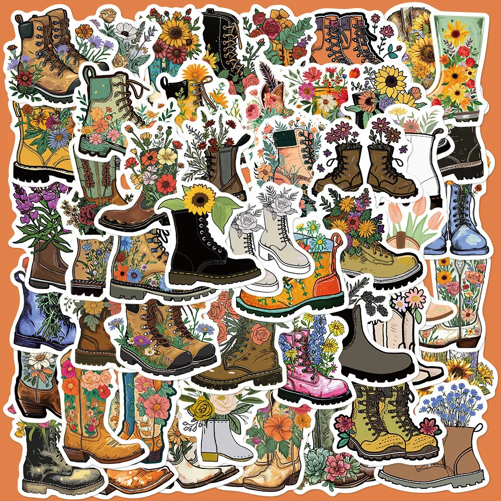 50 Pcs Flower-Adorned Boot Stickers - Waterproof DIY Decals for Decorating Notebooks, Laptops, Journals & Phone Cases