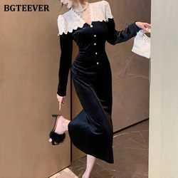 BGTEEVER Autumn V-neck Women Lace Patchwork Package Hip Dress Elegant Single-breasted Slim Waist Ladies Bodycon Velvet Dress